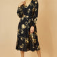 Yumi Black Foil Rose Print Midi Dress