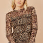 Yumi Brown Leopard Print Mesh Stretch Fitted Top