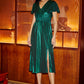 Yumi Green Metallic Ruched Midi Dress