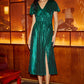 Yumi Green Metallic Ruched Midi Dress