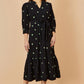 Yumi Black Flower Embroidery Midi Cord Dress