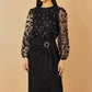 Yumi Black Sheer Sleeve Applique Flower Top