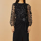 Yumi Black Sheer Sleeve Applique Flower Top