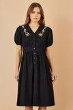 Yumi Black Long Sleeve Midi Dress With Floral Embroidery