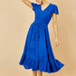 Yumi Blue Button Detail Midi Dress With Ruched Waist And Metallic Thread