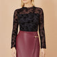 Yumi Black Flocked Floral Stretch Mesh Top With Long Sleeves
