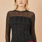 Yumi Black Sparkle Print Mesh Stretch Fitted Top