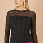 Yumi Black Sparkle Print Mesh Stretch Fitted Top