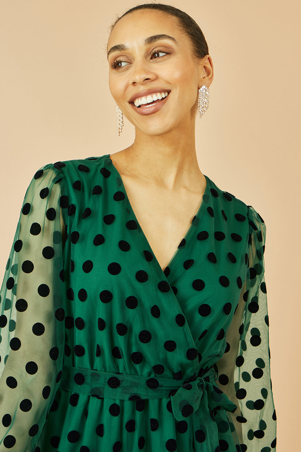 Yumi Green Spot Mesh Wrap Midi Skater Dress