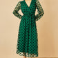 Yumi Green Spot Mesh Wrap Midi Skater Dress