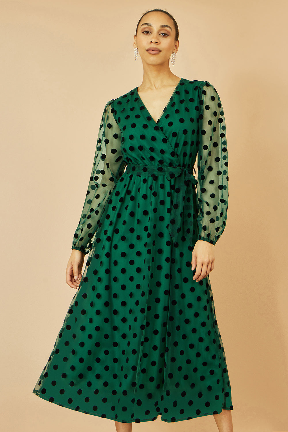 Yumi Green Spot Mesh Wrap Midi Skater Dress