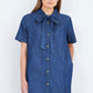 Yumi Blue Chambray Tunic With Pussy Bow Tie