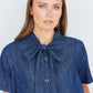 Yumi Blue Chambray Tunic With Pussy Bow Tie