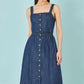 Yumi Blue Chambray Cotton Ruched Midi Sun Dress