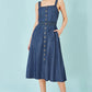 Yumi Blue Chambray Cotton Ruched Midi Sun Dress