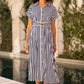 Yumi Navy Stripe Print Relaxed Midi Shirt Dress With Belt