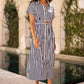 Yumi Navy Stripe Print Relaxed Midi Shirt Dress With Belt