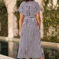Yumi Navy Stripe Print Relaxed Midi Shirt Dress With Belt