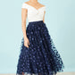 Yumi Navy Mesh Floral Applique Midi Skirt
