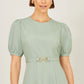 Yumi Mint Skater Dress With Puff Sleeves And Buckle Detail