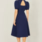 Yumi Navy Skater Dress With Puff Sleeves And Buckle Detail