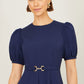 Yumi Navy Skater Dress With Puff Sleeves And Buckle Detail