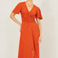 Yumi Orange Ruched Front Stretch Midi Dress