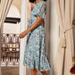 Yumi Blue Blossom Skater Midi Dress With Angel Sleeves