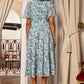Yumi Blue Blossom Skater Midi Dress With Angel Sleeves