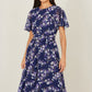 Yumi Navy Blossom Print Midi Skater Dress With Angel Sleeves