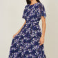 Yumi Navy Blossom Print Midi Skater Dress With Angel Sleeves