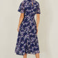Yumi Navy Blossom Print Midi Skater Dress With Angel Sleeves
