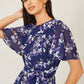 Yumi Navy Blossom Print Midi Skater Dress With Angel Sleeves