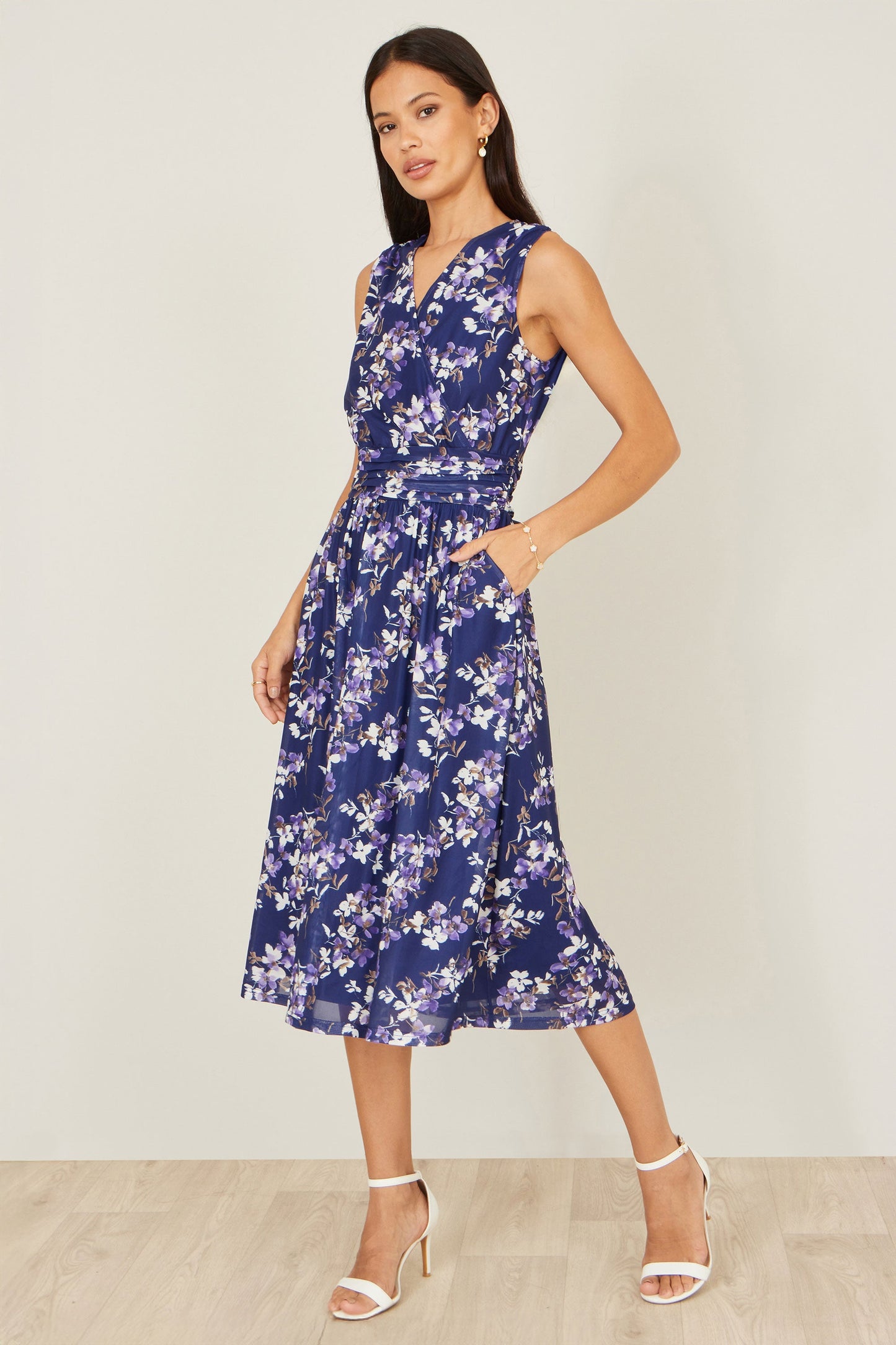 Yumi Navy Blossom Print Mesh Stretch Midi Dress With Pockets