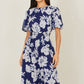 Yumi Navy Flower Stretch Mesh Midi Dress With Angel Sleeves