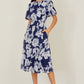 Yumi Navy Flower Stretch Mesh Midi Dress With Angel Sleeves