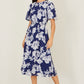 Yumi Navy Flower Stretch Mesh Midi Dress With Angel Sleeves