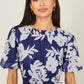 Yumi Navy Flower Stretch Mesh Midi Dress With Angel Sleeves