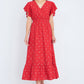 Yumi Red Broderie Anglaise Wrap Midi Dress With Flower Embroidery