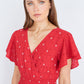 Yumi Red Broderie Anglaise Wrap Midi Dress With Flower Embroidery