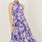 Yumi Purple Abstract Floral Halter Neck Pleated Midi Dress