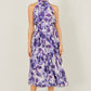 Yumi Purple Abstract Floral Halter Neck Pleated Midi Dress