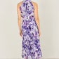 Yumi Purple Abstract Floral Halter Neck Pleated Midi Dress