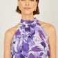Yumi Purple Abstract Floral Halter Neck Pleated Midi Dress