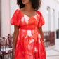 Yumi Red Viscose Floral Midi Dress With Puff Sleeves