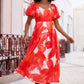 Yumi Red Viscose Floral Midi Dress With Puff Sleeves