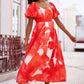 Yumi Red Viscose Floral Midi Dress With Puff Sleeves