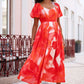 Yumi Red Viscose Floral Midi Dress With Puff Sleeves