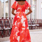 Yumi Red Viscose Floral Midi Dress With Puff Sleeves