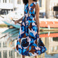 Yumi Blue Cotton Floral Abstract Dropped Waist Midi Dress